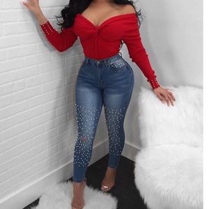 HIGH RISE PEARLED OUT SKINNY JEANS M